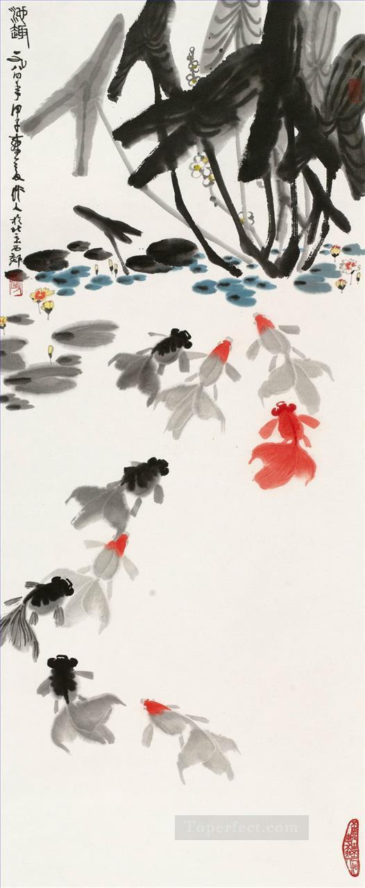 Wu Zuoren Happyness de l’étang 1984 poissons Peintures à l'huile